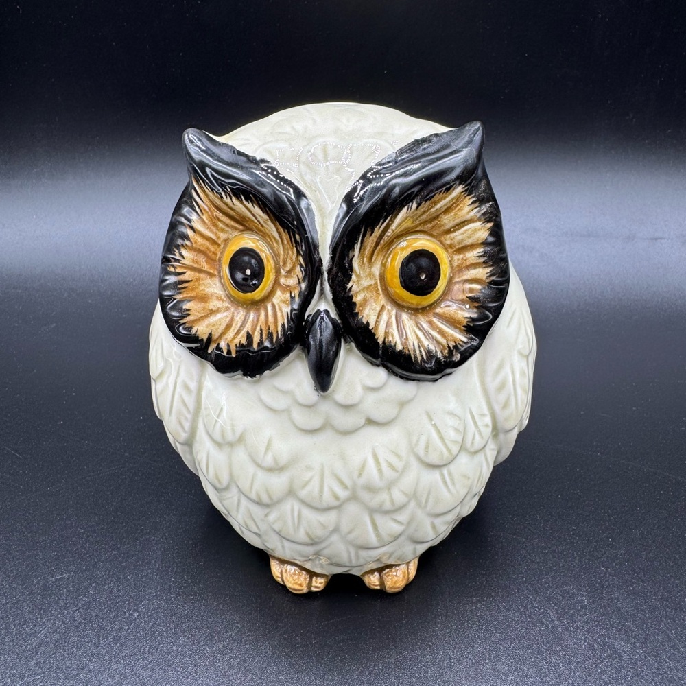1979 Otagiri Owl Coin Bank Figurine - Black and Gold Highlights, Hand Painted